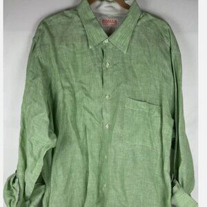 Inserch Green 100% Linen Roll Tab Sleeve Shirt Mens 3XL Long Sleeve Pocket Solid